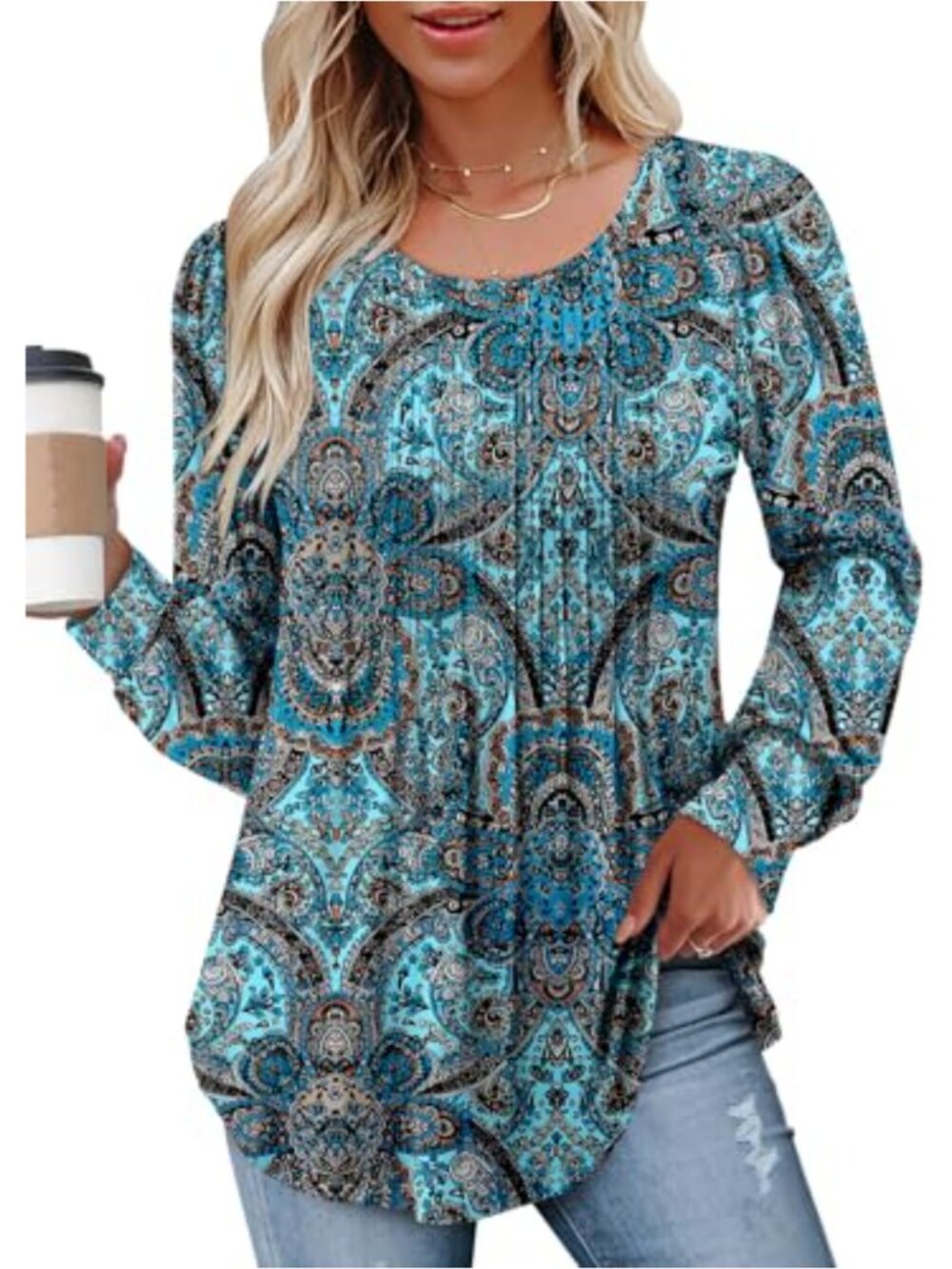 Women's Puff Sleeve Tunic Top Pleated Crew Neck Long Sleeve Blouse